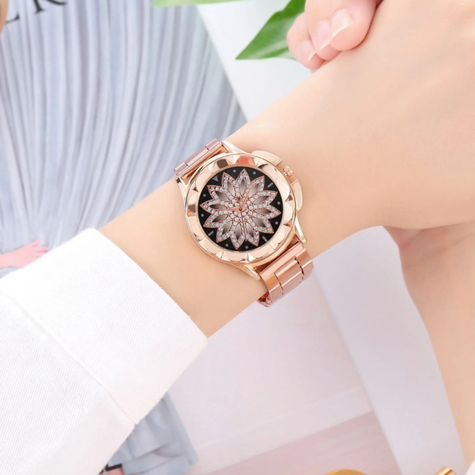 

Роскошные классические женские часы, полностью алмазные часы, женские часы из розового золота, браслет из нержавеющей стали, кварцевые наручные часы, женские часы
