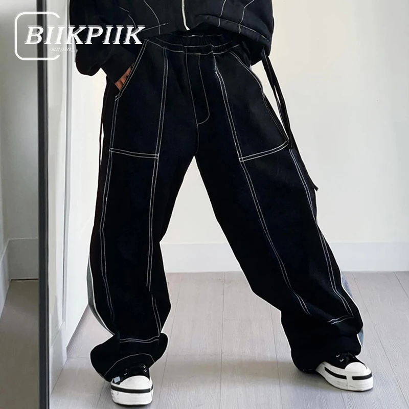 

BIIKPIIK Stitch Patchwork Women Pants Casual Elastic Waist Sweatpants Fashion Loose Slacks Streetwear Sporty All-match Trousers