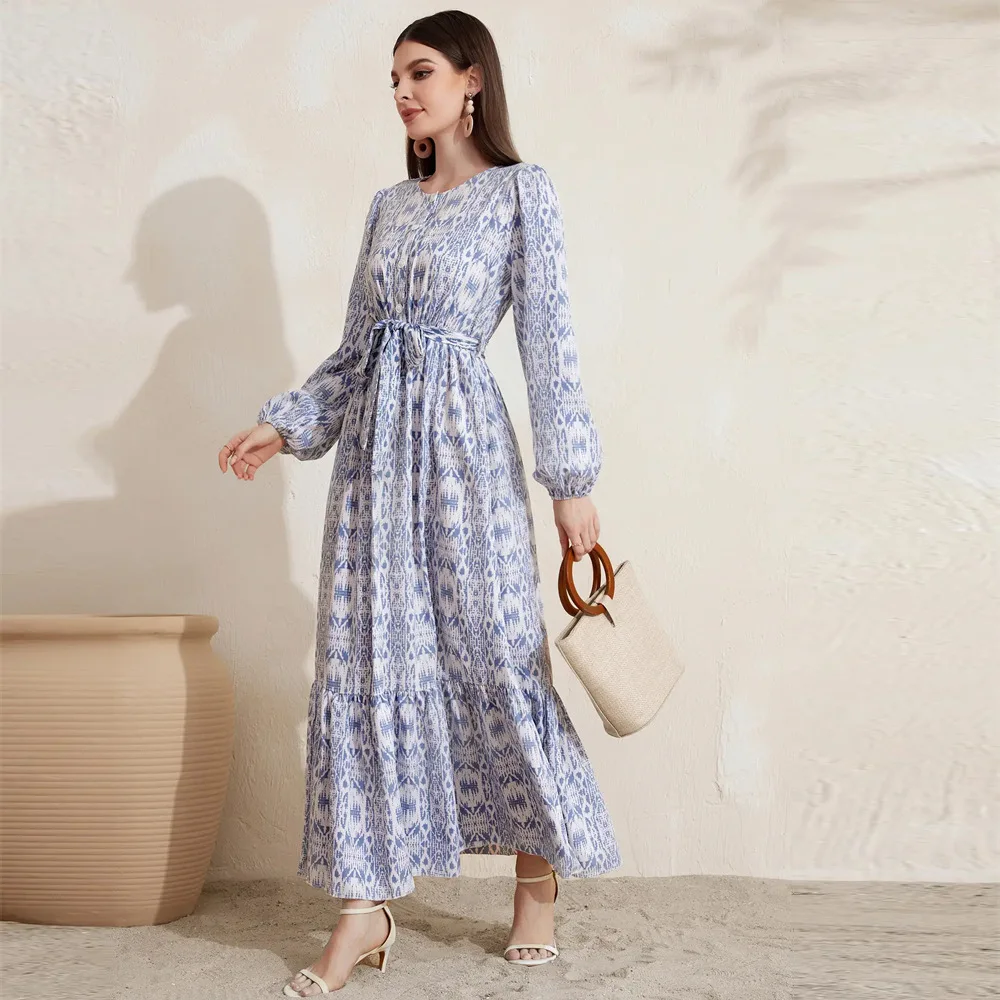 

2023 Summer Jalabiya Elegant Vestidos Party Dresses Eid Middle East Muslim Casual Digital Woven Print Shirt Tie Dress Women