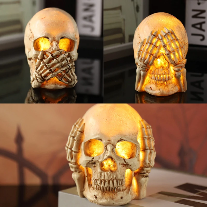 Skull Decor Halloween 2022 2022 New Glowing Skull Statue Halloween Led Decoration Hear See Speak No Evil Skulls Night Light Home Party Table Bar Decor Aliexpress