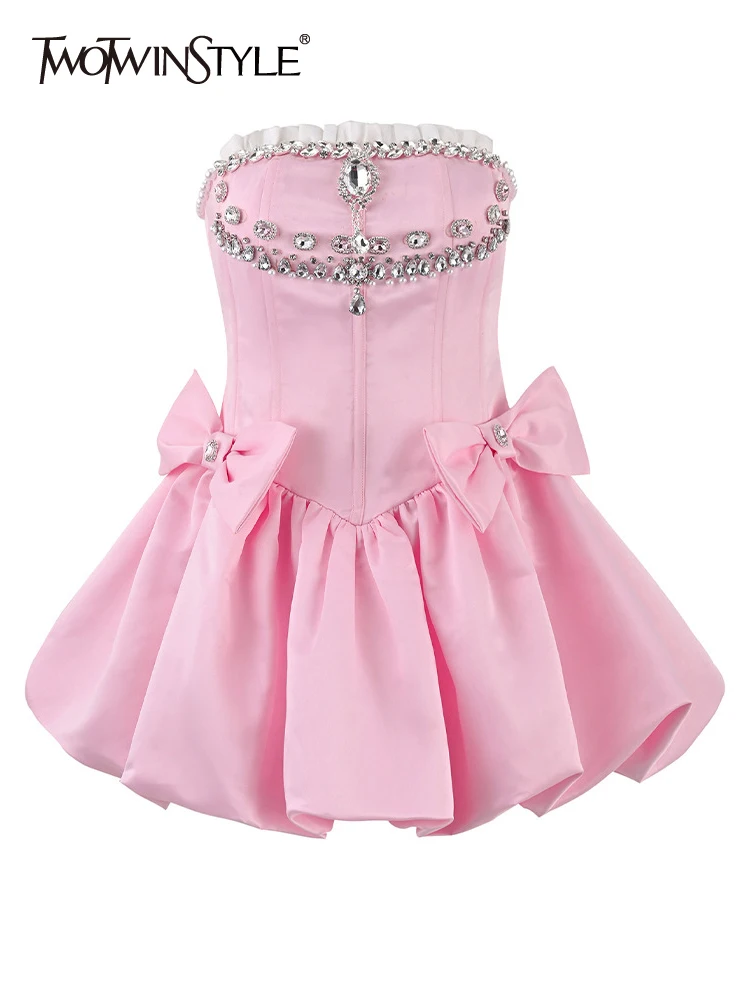 

TWOTWINSTYLE Elegant Spliced Diamond Dresses For Women Starpless Sleeveless Tunic Patchwrok Bow Party Dress Female Clothing 2023
