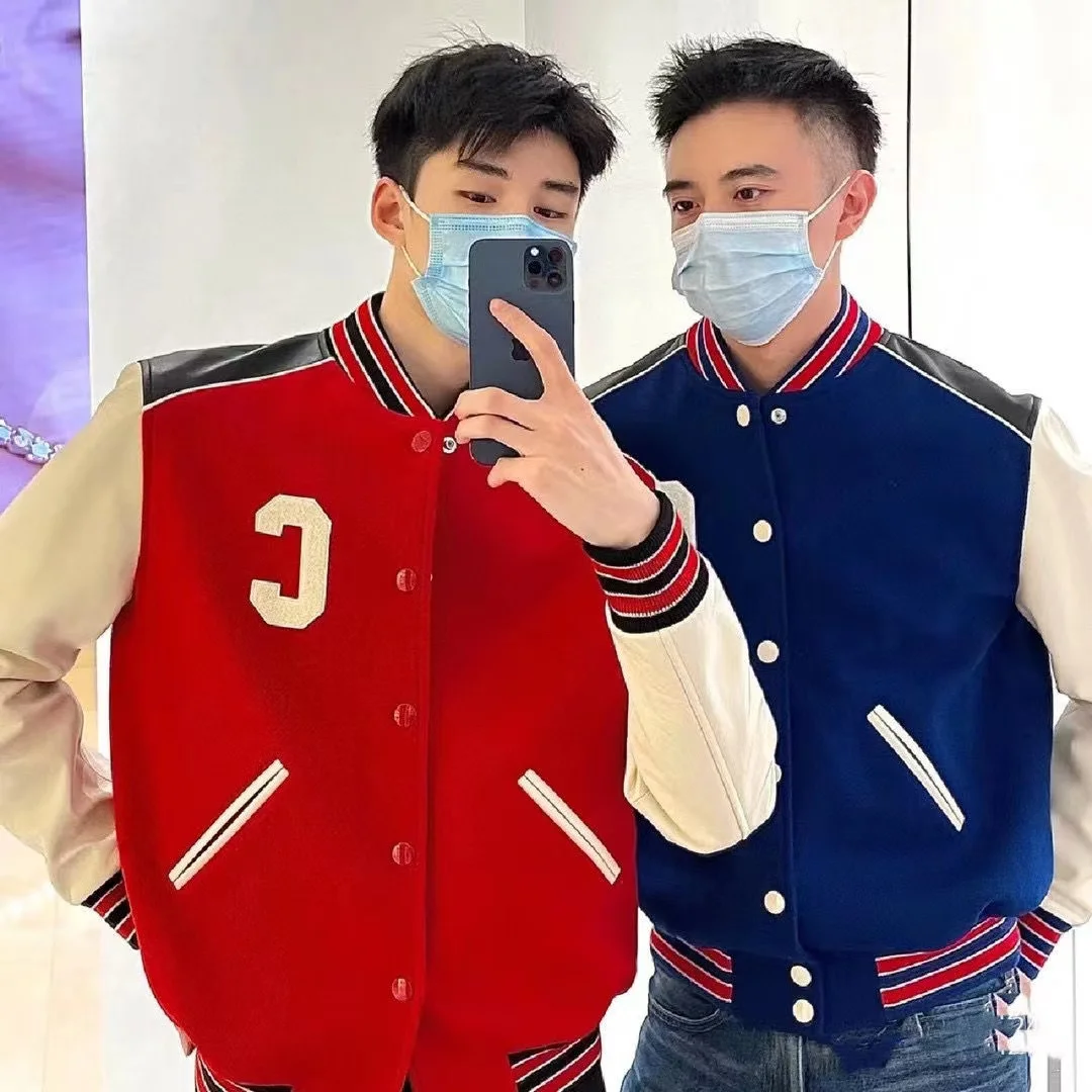 

Brand Men C Embroidery Leather Jacket High Quality Cashmere Patchwork Coat Famous Pocket Design Unisex Stripe Baseball Uniform