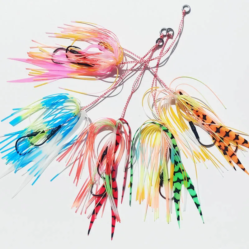 

5pcs Snapper skirt Silicone Skirt with bell Rubber jig skirt hooks Assist hook jigging hook sea fishing hook Jig head