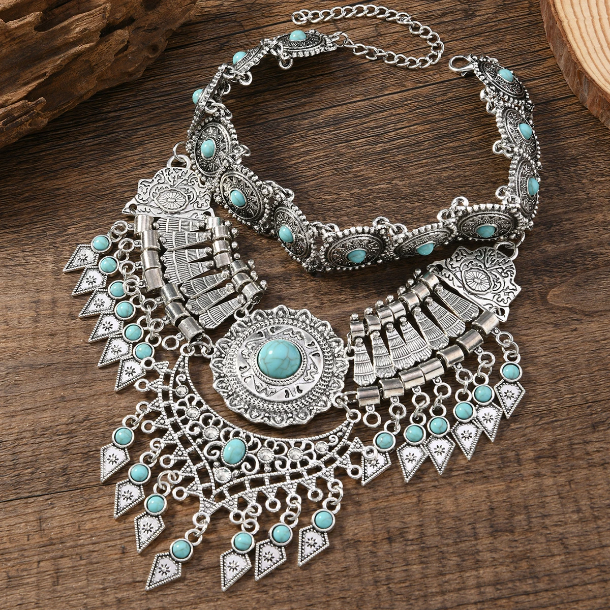 Layered Bohemian Statement Necklace Women's Fashion Retro Teardrop Tassel Collar Jewelry for Casual Matching & Party Styling 4