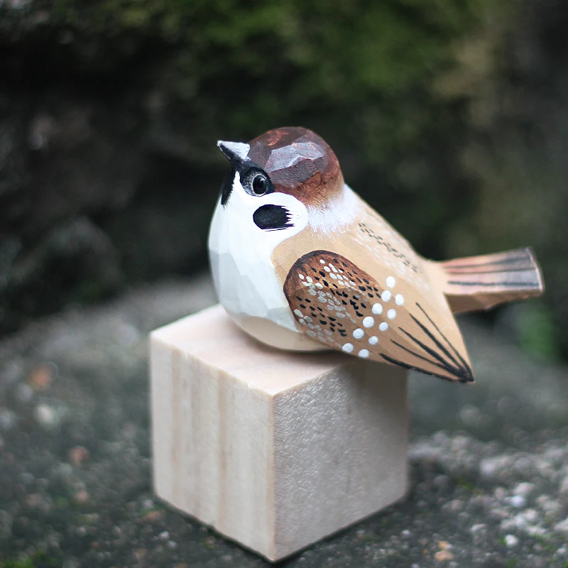 

Fat chirp wood carving bird sparrow house bird handmade solid wood tabletop decoration Little fat bird statues for decoration