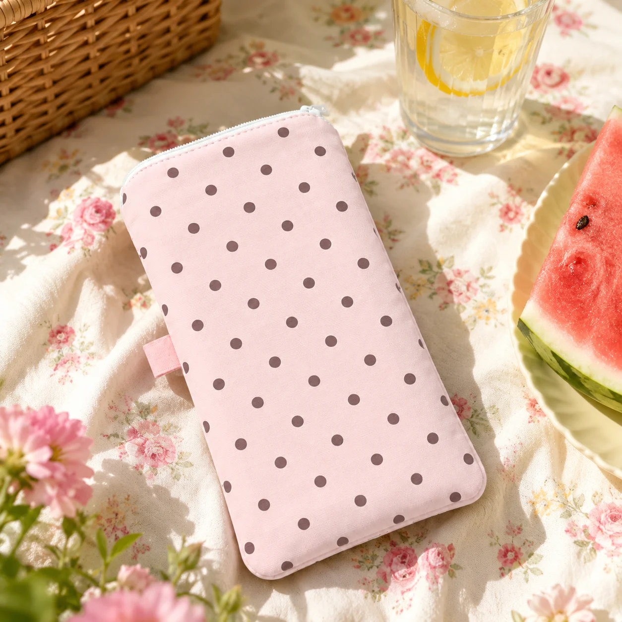Borsa per telefono rosa a pois da donna, custodia morbida con cerniera e linguetta di apertura per viaggi, borsa a mano, scuola e uso quotidiano - immagine 3