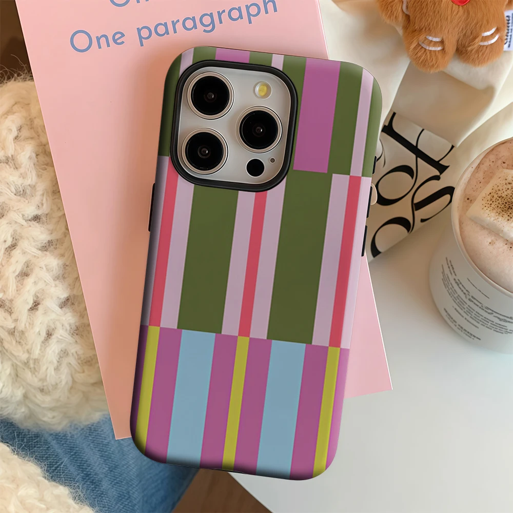 Luxury Double-Layer Phone Case with Colorful Geometric Stripes