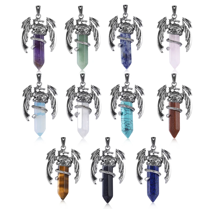 Animal Dragon Man Necklace Natural Gemstone Pink Quartz Hexagonal Crystal Pendant Vintage Men Women Pendant Jewelry