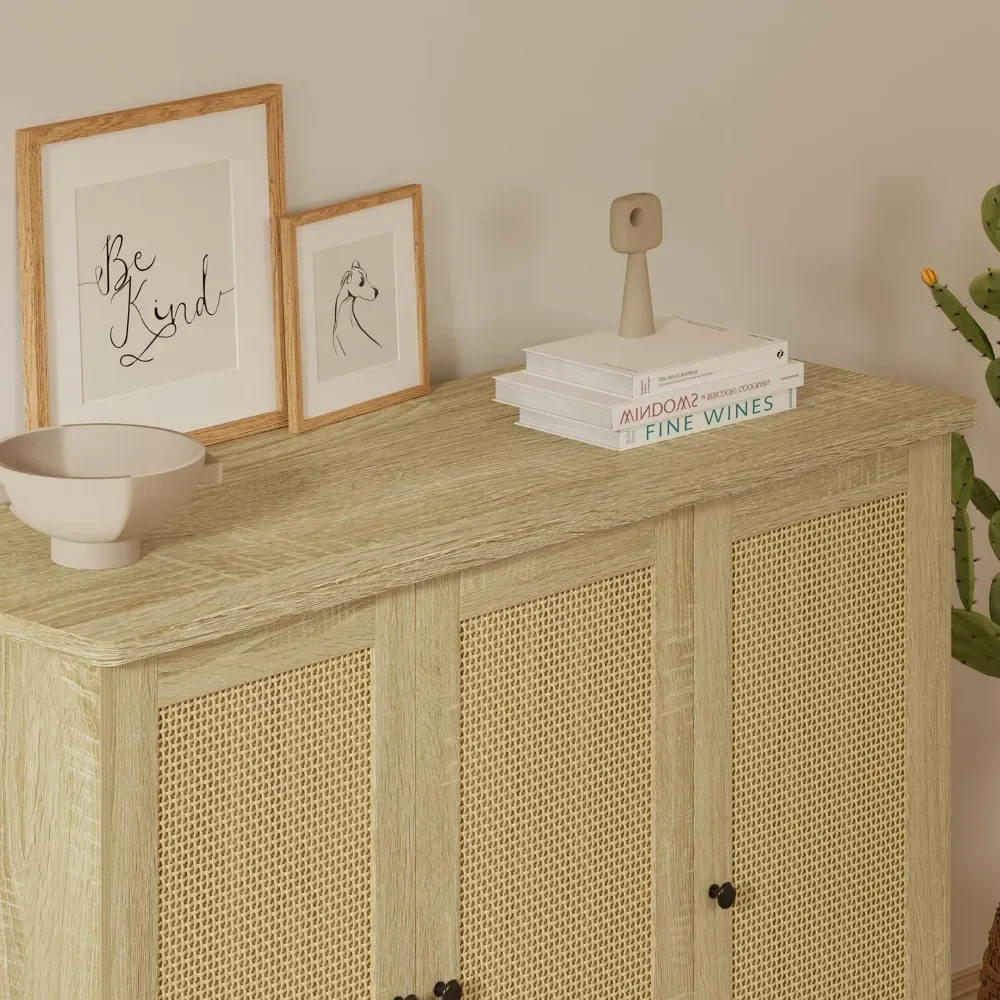 Gizoon Buffet Cabinet Storage, Kitchen Sideboard Buffet Storage Cabinet 3 Rattan Decorated Doors, Accent Metal Legs