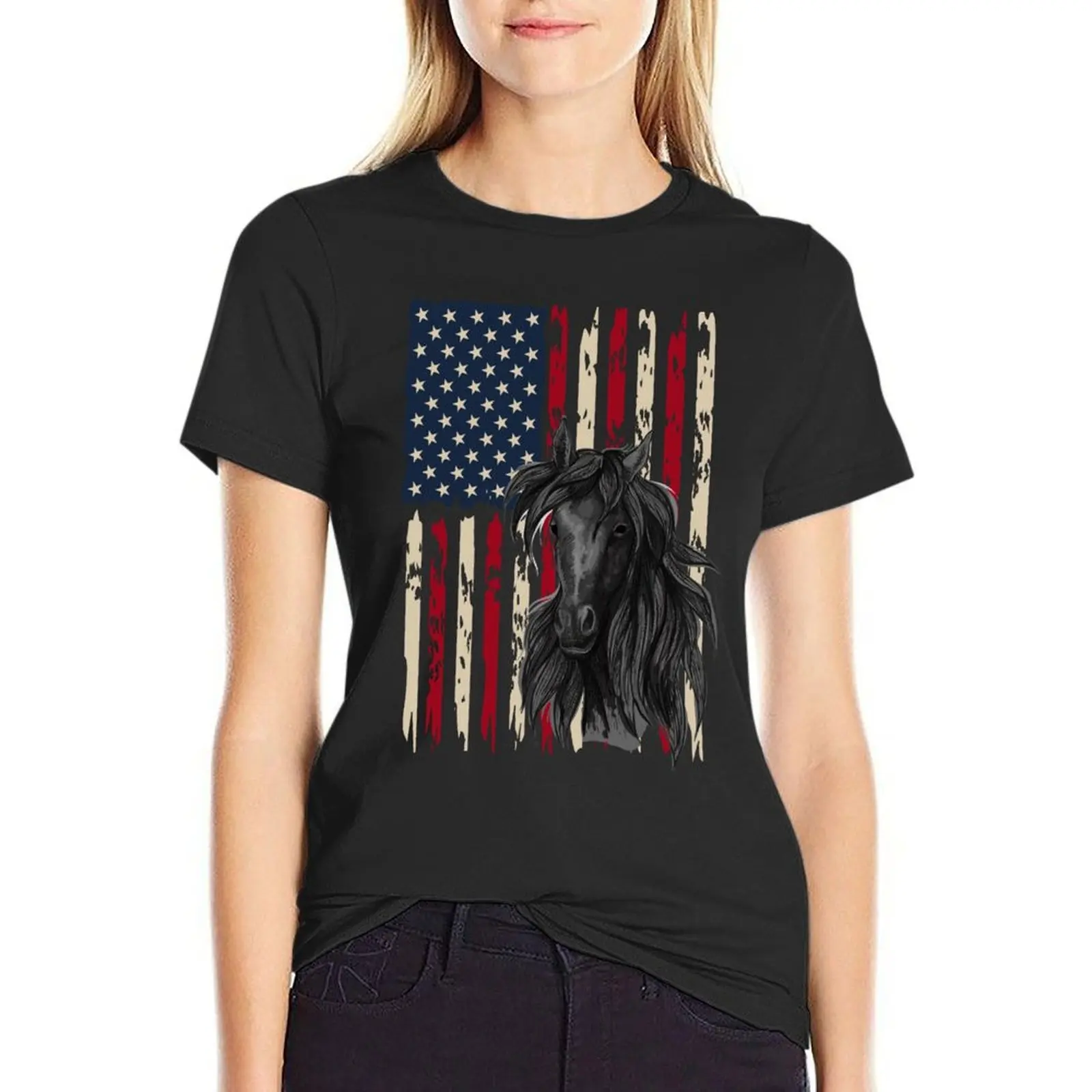 

Patriotic Horse American Flag - Horse Vintage T-Shirt funny animal print shirt for girls Woman clothes