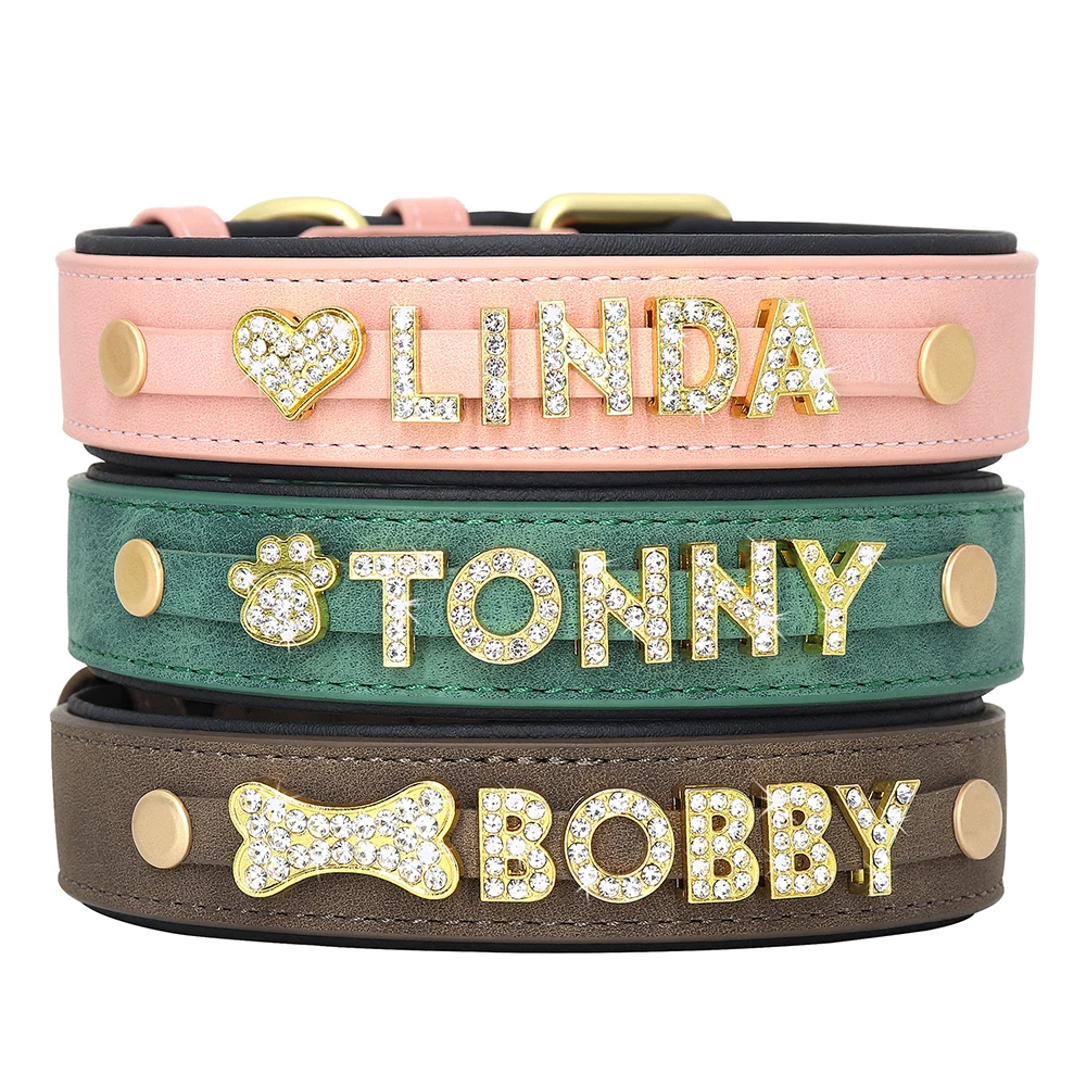 Personal isierte weiche Hunde halsband Pu Leder Welpen Katze ID Halsbänder kostenlos Strass Charme Hund Zubehör für kleine mittlere Hunde Chihuahua
