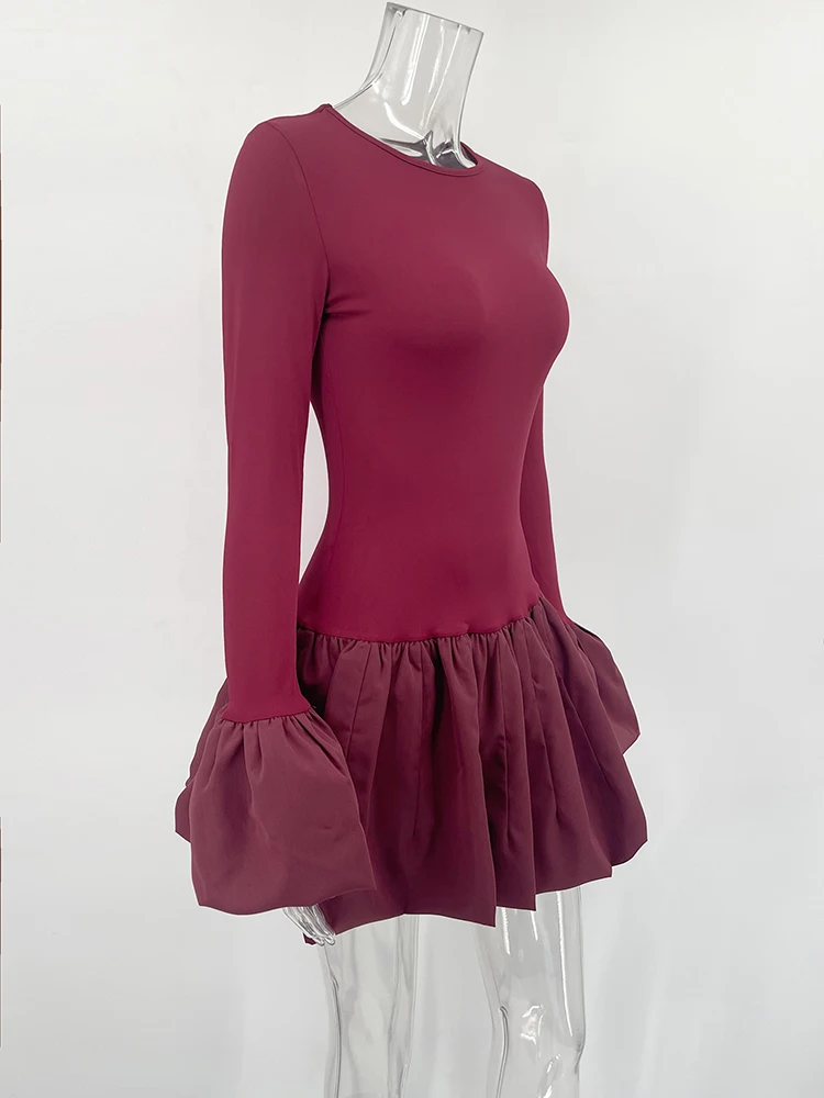 Angora Red Flare Sleeve Mini Dress For Women Fashion Splice Folds Autumn Winter Dress A-Line Sweet Bodycon Women Clothes