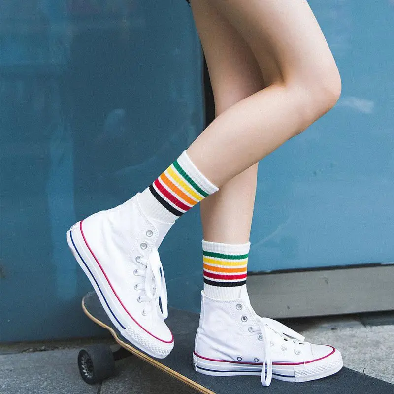 1 Pair Women Winter Rainbow Striped cotton socks Black/White Sport Girls College style sock funny art warm sox