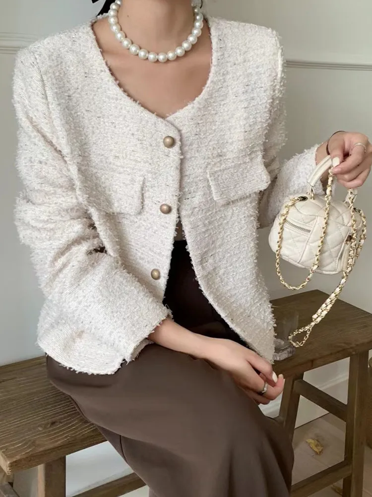 

New Small Fragrance Tweed Jacket Female Long Sleeve Single Breasted Woolen Short Coat Autumn Casual Women Office Outwear