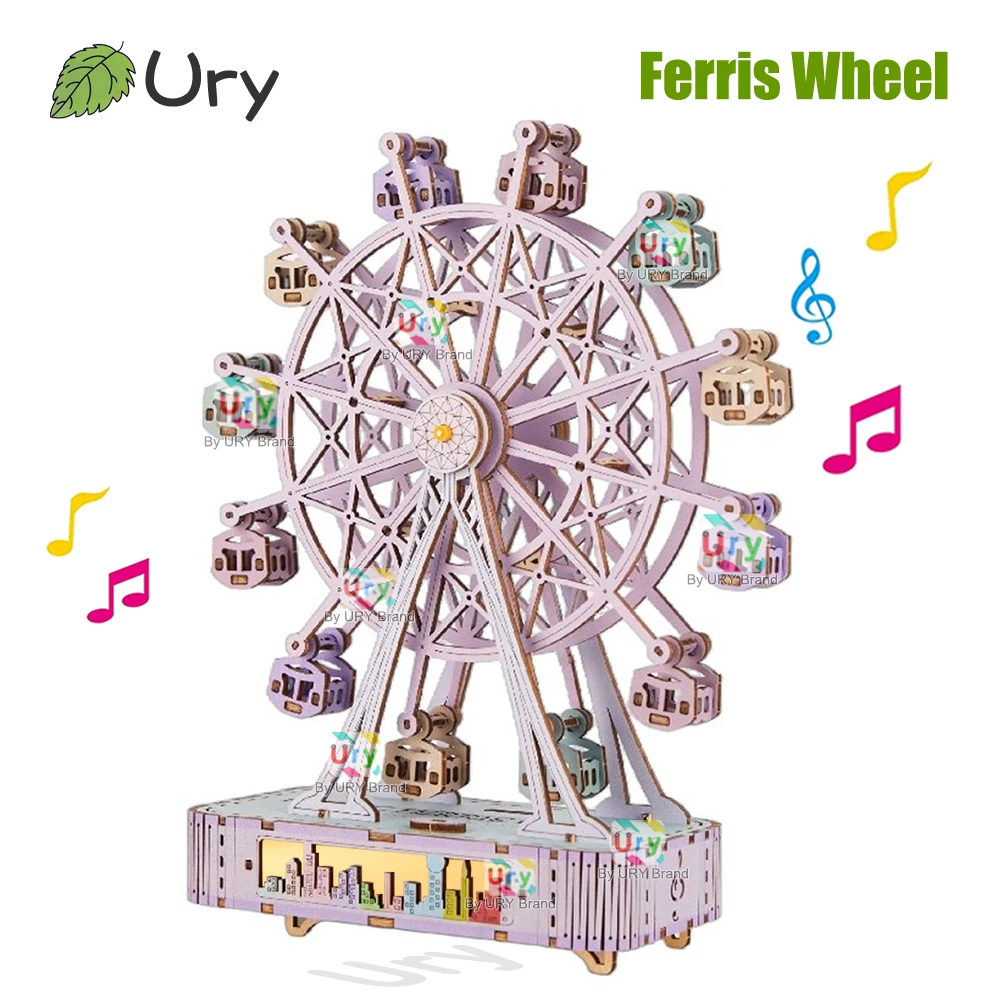 

Ury 3D Wooden Puzzles Led Rotatable Colorful Ferris Wheel Music Octave Box Model Mechanical Kit Assembly DIY Toy Gift for Adult