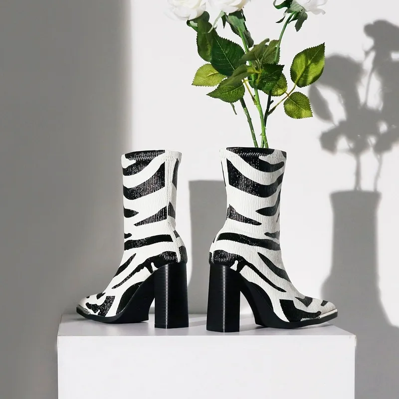 

Zebra Print French Style Ankle Boots Metal Square Toe Elastic Botas Femininas Patent Leather Chunky High-Heeled Knight Boats