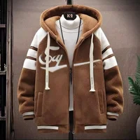 Lamb Velvet Jacket for Men Thickened Hooded Cotton Clothes Autumn Winter Casual Wear Korean Style Printed Long Sleeve Coat