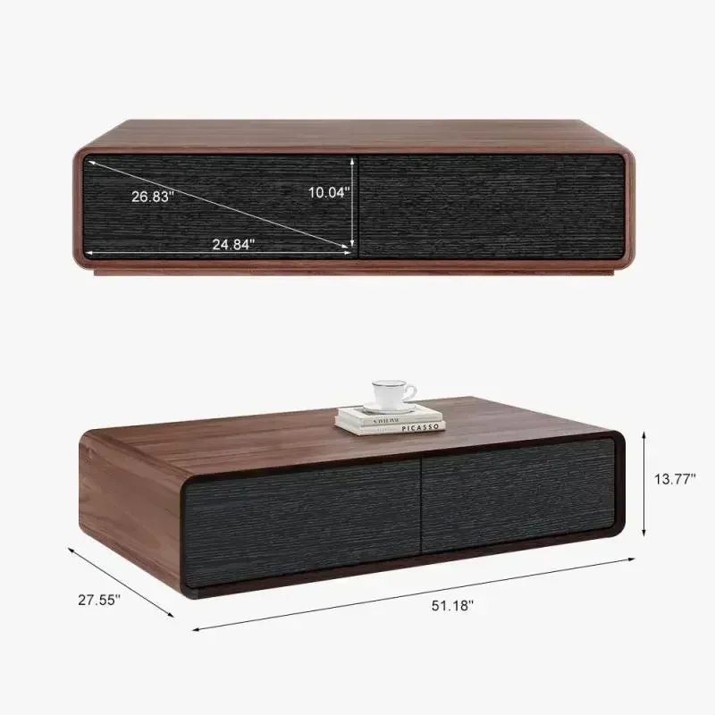 Walnut Black Modern 51" Rectangular Coffee Table, Wood Coffee Table with Storage, 4 Solid Wood Drawers, Fully-Assembled
