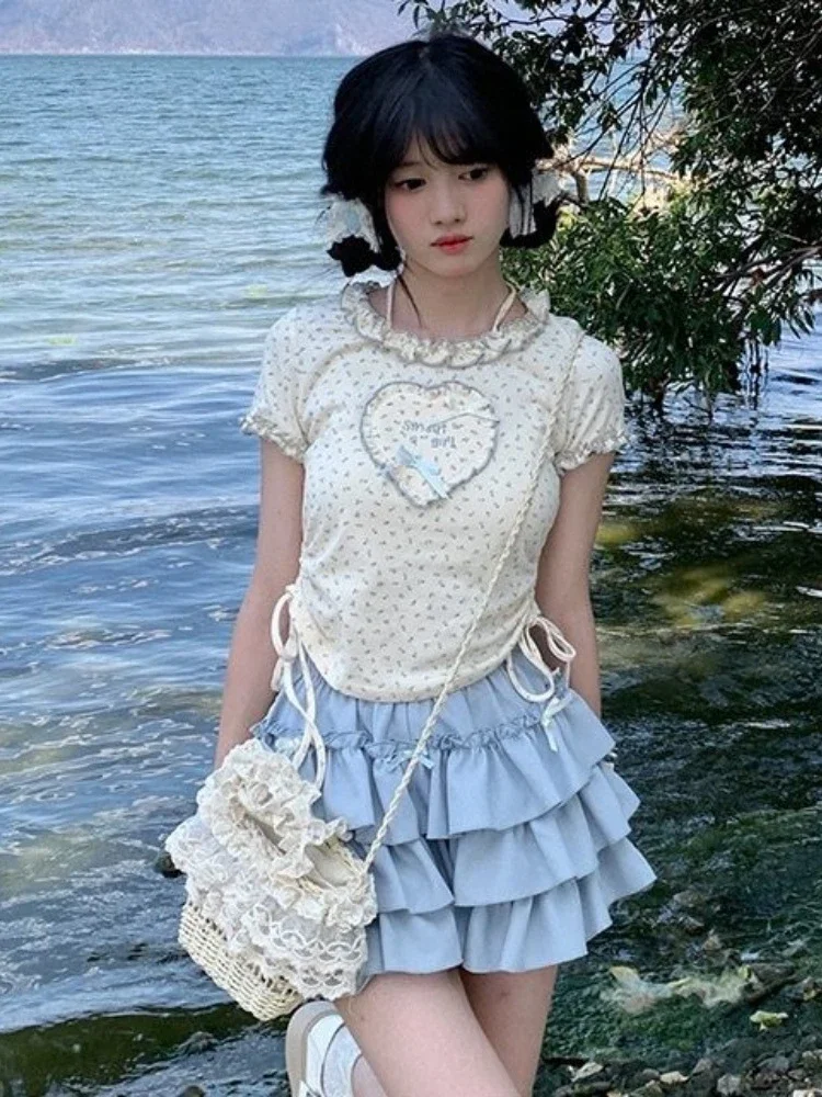 

HOUZHOU Kawaii Sweet Design Tees Top Women Korean Fashion Streetwear Wooden Ears Floral Print Bandage Slim T Shirts Soft Gril