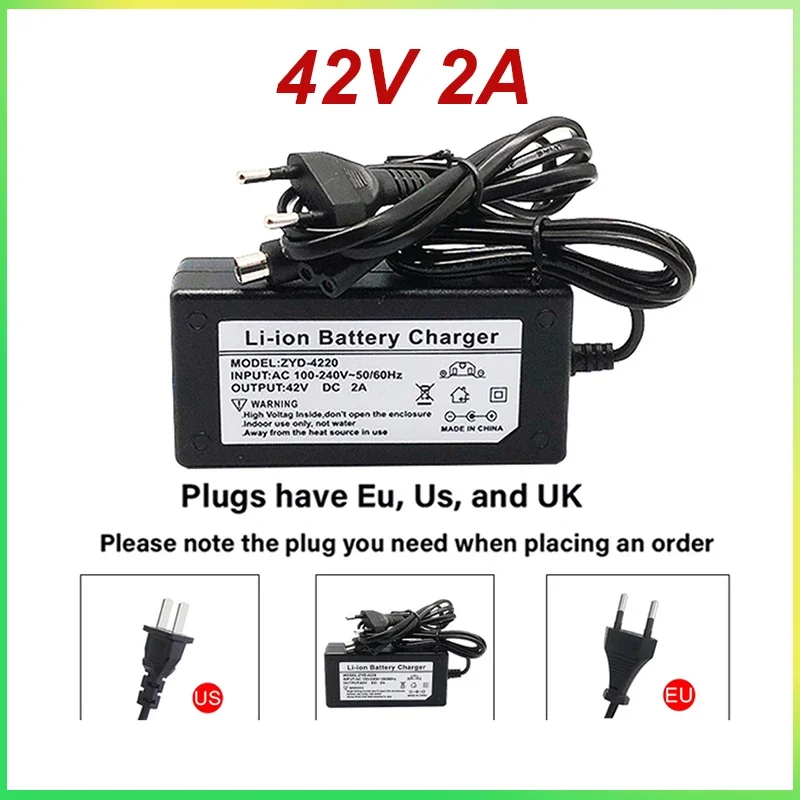 

42V 2A adapter EU US UK power plug suitable for 36V DC charging head lithium battery pack charging scooter bicycle charging