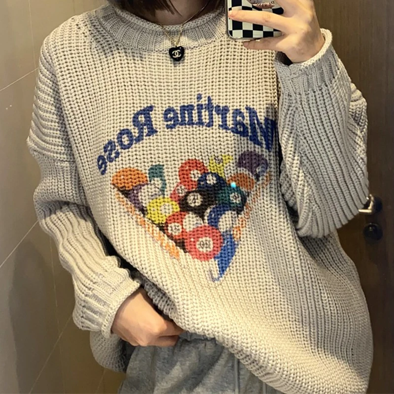 

2024 New Chunky Needle Rolled Pool Ball Printed Pullover Long Sleeve Drop Shoulder Loose Sweater Knit