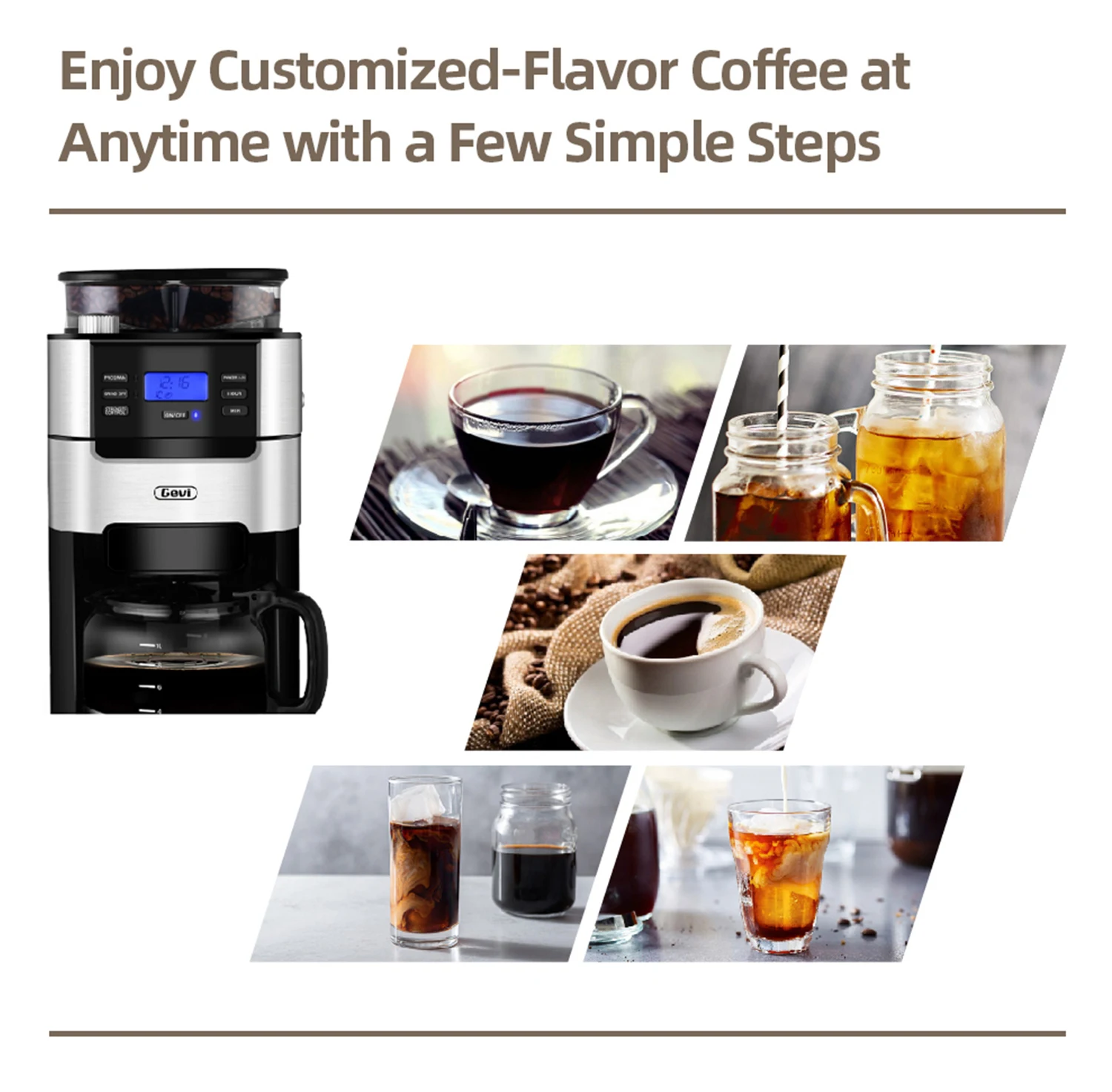 Gevi Drip Coffee Maker 10-Cup Brew Automatic with Built-In Burr Coffee Grinder Removable Filter Basket 900W Power GECMA025AK-U