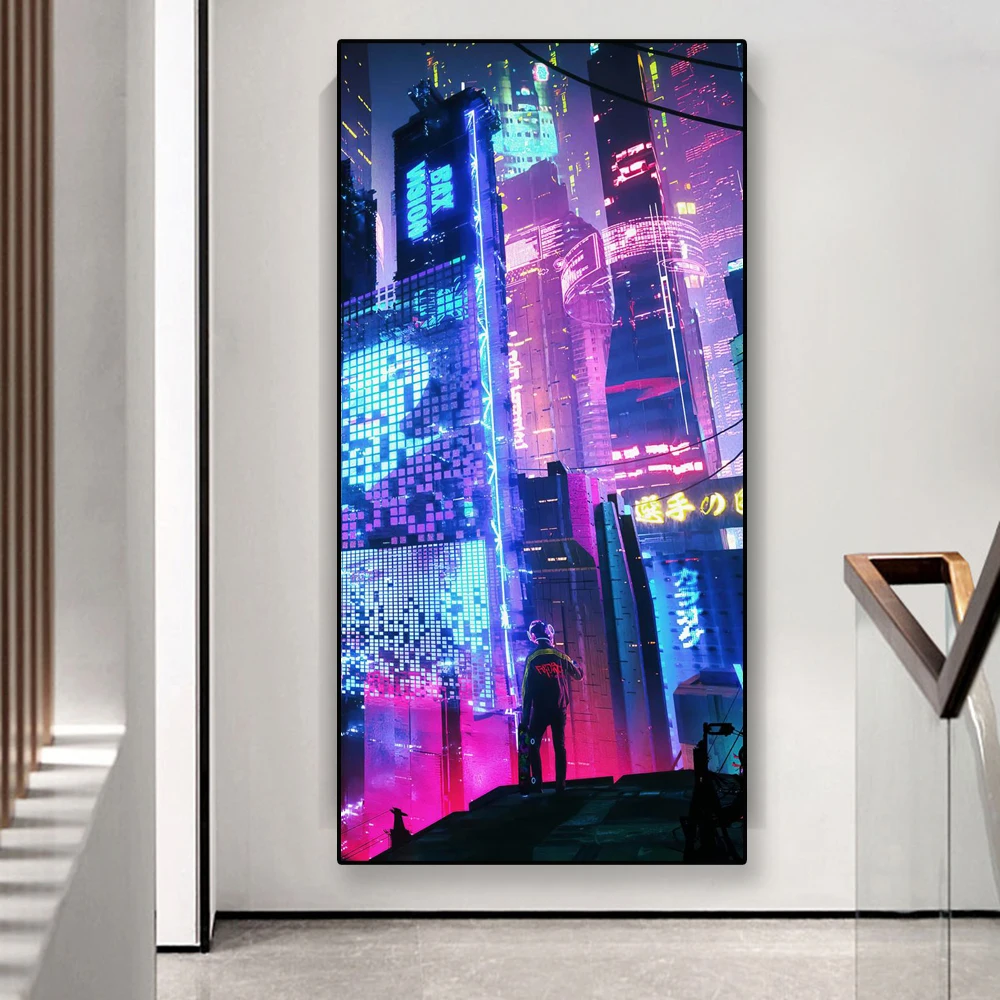 

Modern Neon Night City Street Poster Fantasy Canvas Painting Guitar Prints Neon Letter Prints Wall Art Picture Bar Home Decor