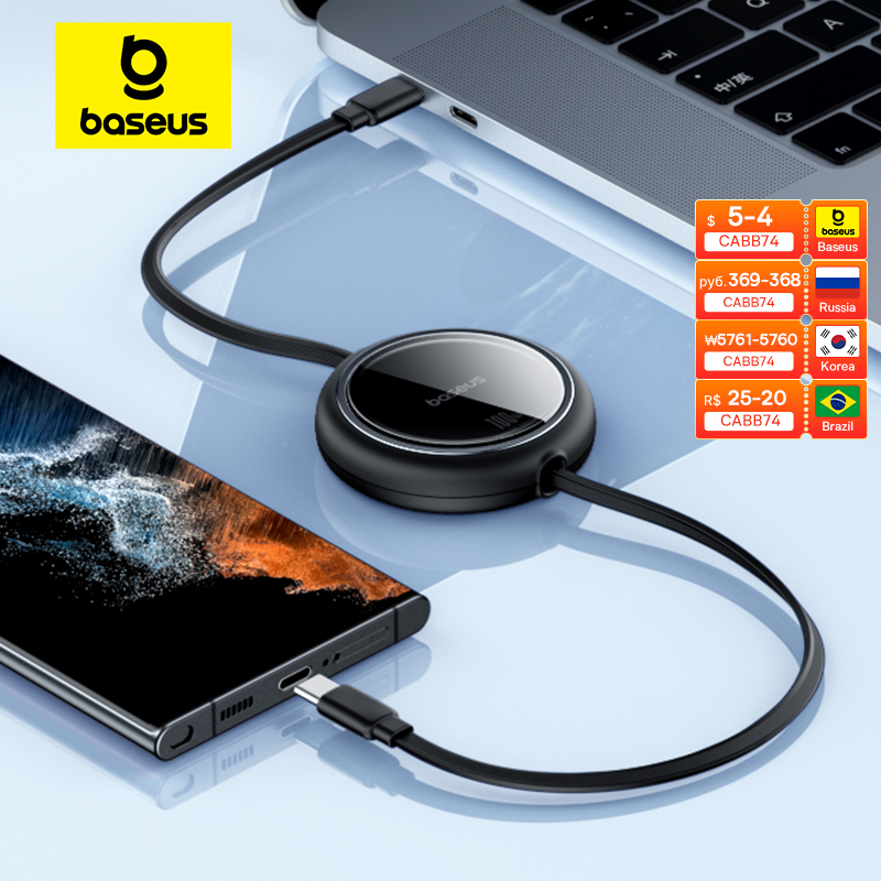 Baseus Retractable 100W USB C Cable For MacBook iPad Fast Charger Cable For iPhone 15 Plus Pro Max Type C For Xiaomi Samsung