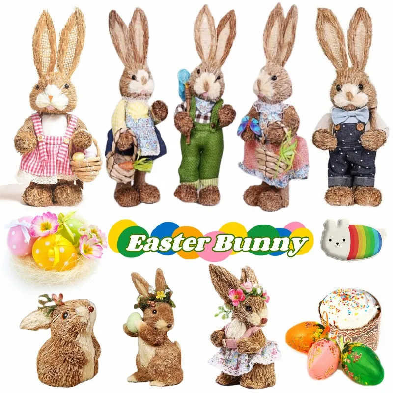 

Easter Bunny Simulation Straw Bunny for Easter Cute Standing Rabbits Creative Home Spring Garden Decoration Crafts Gift for Kids