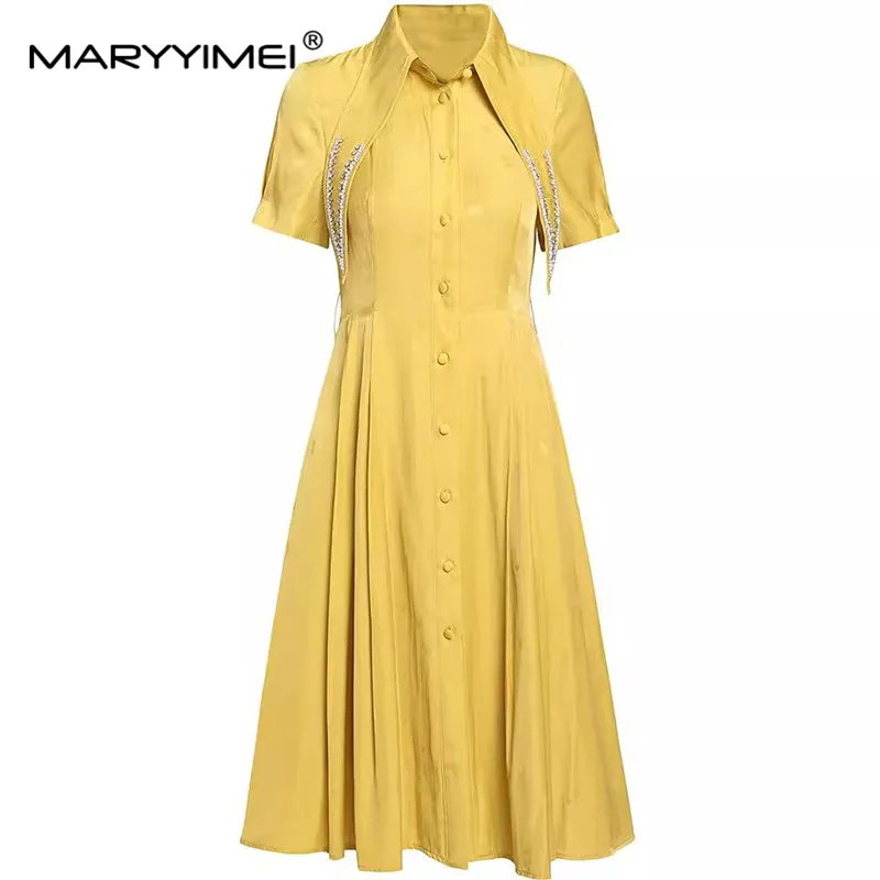 

MARYYIMEI Fashion Design Spring Summer Women's Turn-Down Collar Short-Sleeved Single-Breasted Lace-UP Beading Dresses