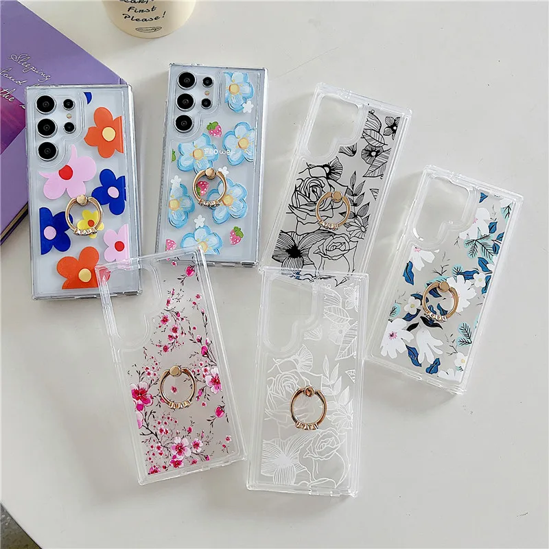 Bloem Ring Telefoon Houder Clear Case voor Samsung A55 S24 Ultra S23 S22 S21 S20 FE Note 20 A15 25 35 14 24 34 54 53 32 52_voghion.com