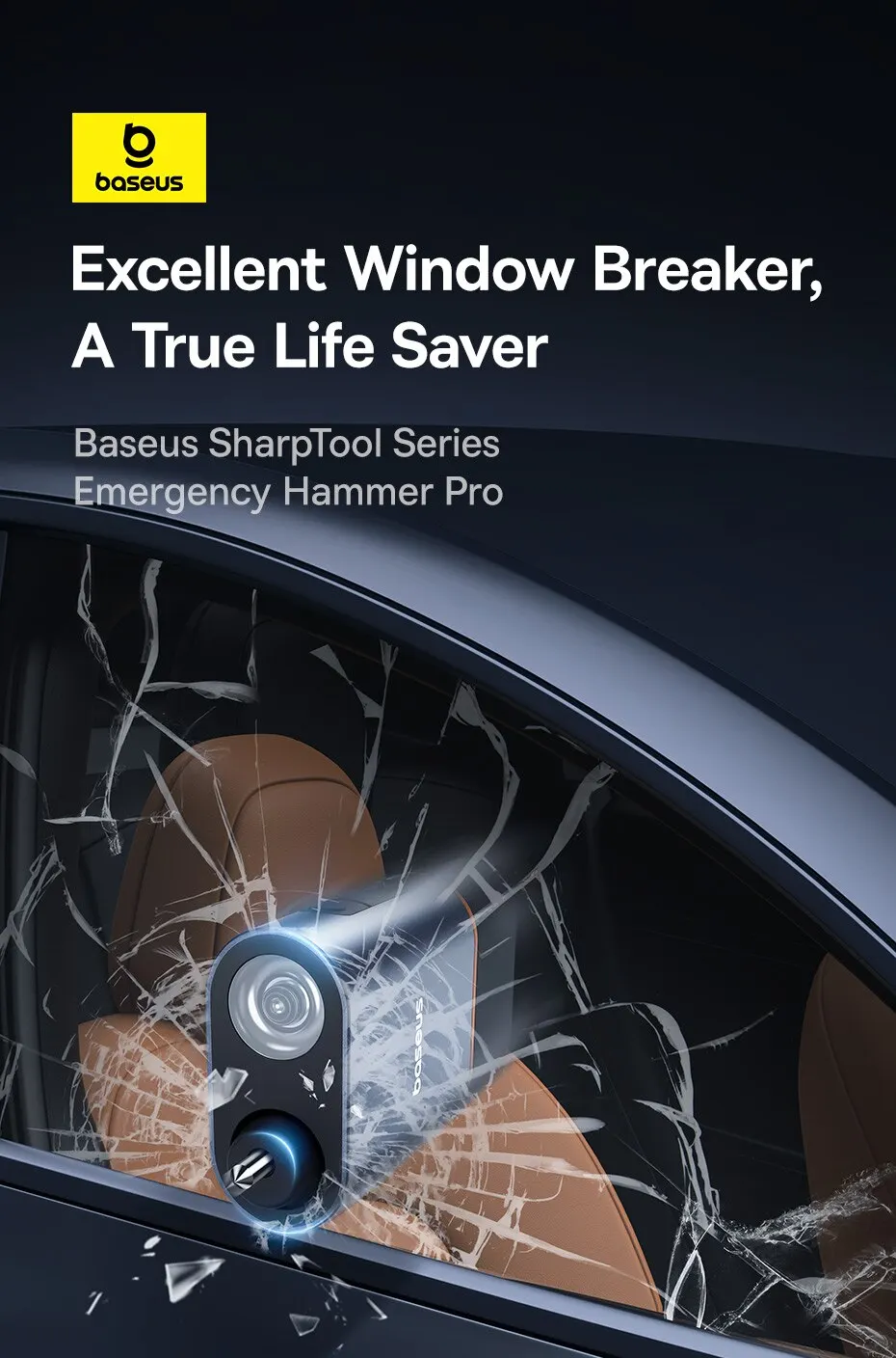 Baseus Auto Notfall Sicherheits hammer 3 in 1 U-förmigen Sicherheits gurts ch neider Fenster brecher Flucht mit Not lampe Autozubehör – Detail 2