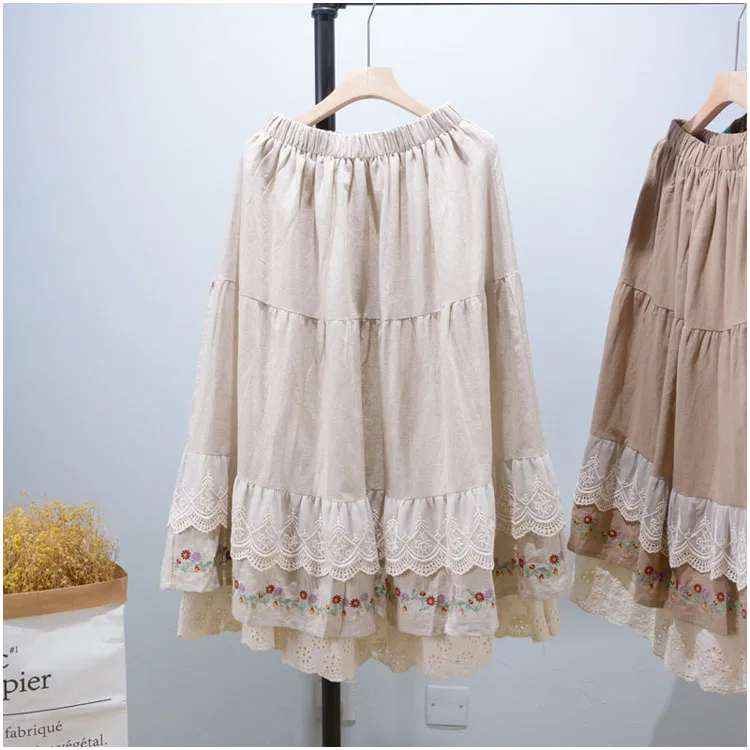 Spring Korean Style Mori Girl Sweet Cotton Linen Double-layer Skirt Stitching Elastic Waist All-match Embroidery A-line Skirt slazenger skort