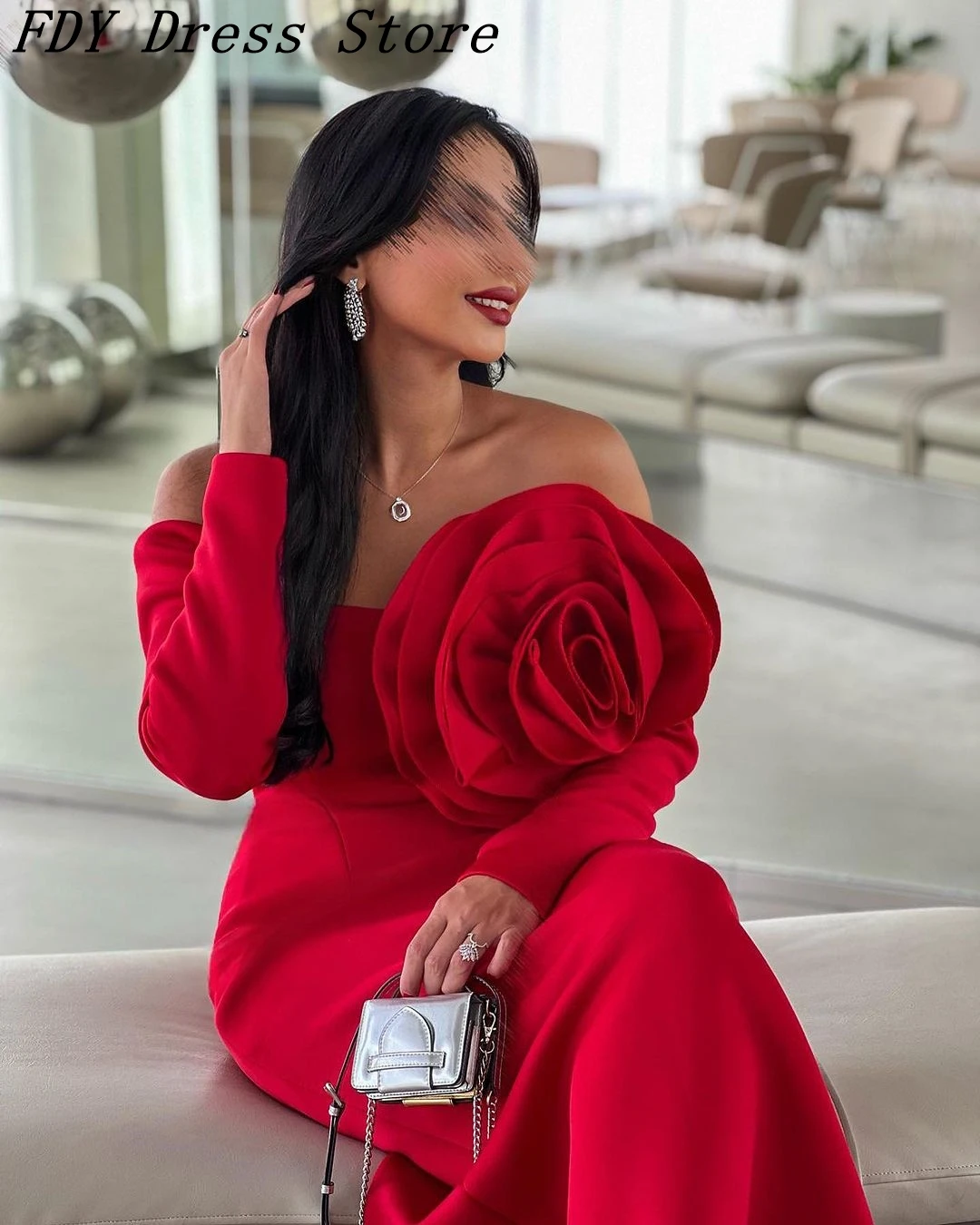 

Vintage Mermaid Long Sleeves Evening Dresses Sweetheart Prom Dresses Pleated Flowers Ankle Length Elegant Party Dresses