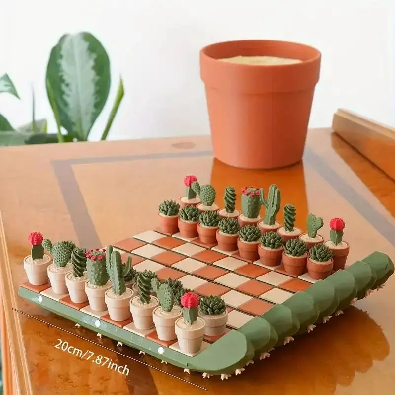 3D Printed Resin Cactus Roll Chessboard Set Desktop Ornament Foldable Kill Time Decor Chess Toys Home Office Craft Printed Gifts