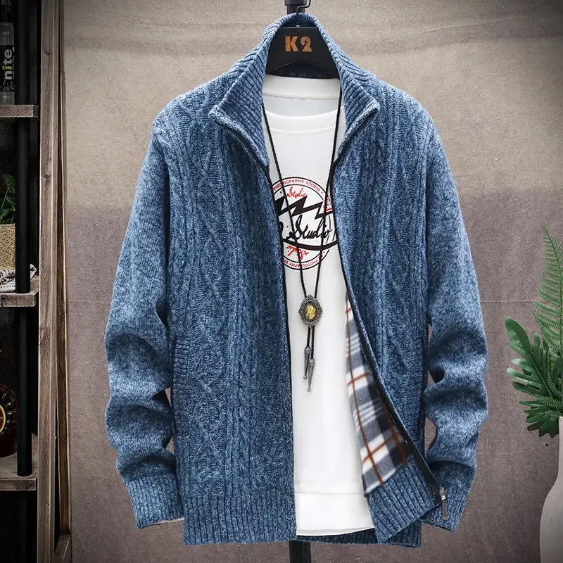 Abrigos holgados, suéter de manga larga con forro polar para hombre, cárdigan de punto cálido para hombre, jerséis abiertos Y2k, ropa popular coreana, cable vintage