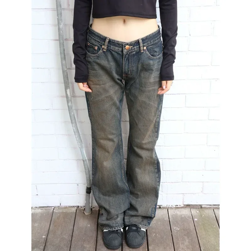

Retro Jeans Women Fashion Famale Clothing Loose Casual Jeans Low Waist Y2K Streetwear Aesthetics Solid Baggy Flared Pants