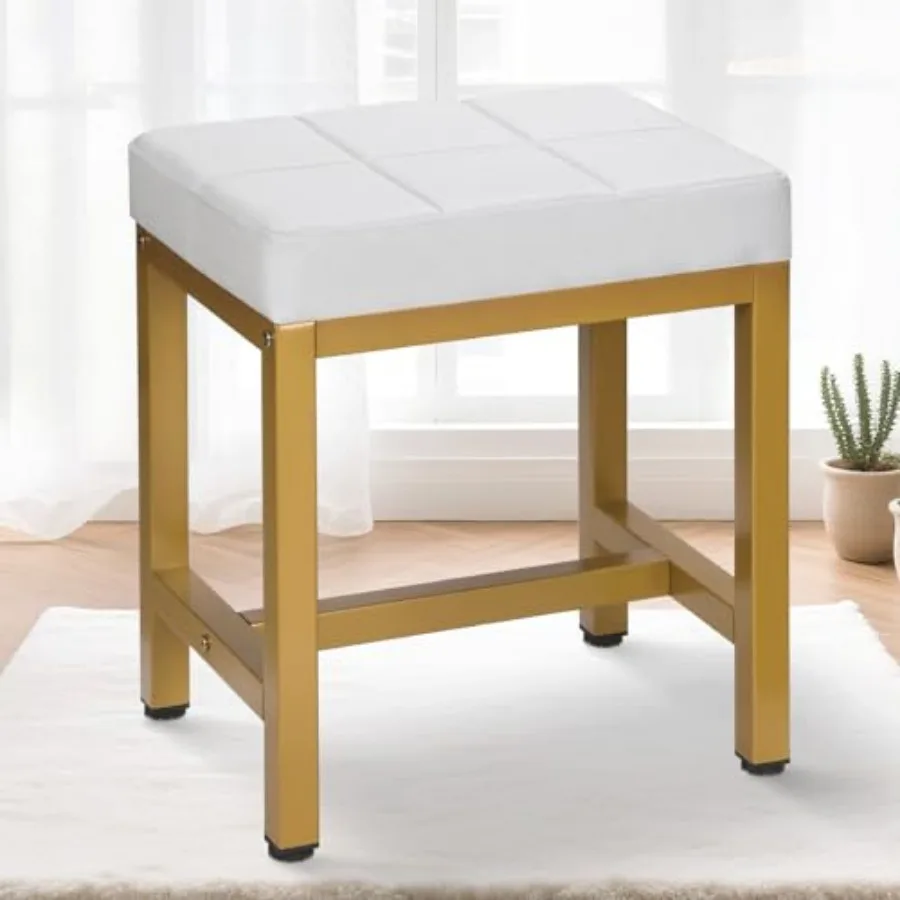 Vanity Stool Vanity Chair for Makeup Room Square Linen Small Ottoman Foot Stool with Metal Legs Modern Makeup Chair for Bedroom