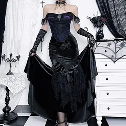 Mall Goth Velvet Fishtail Skirt Women Vintage Jacquard Hip Wrap Fairy Grunge Skirt Victorian Ladies Steampunk Long Skirt