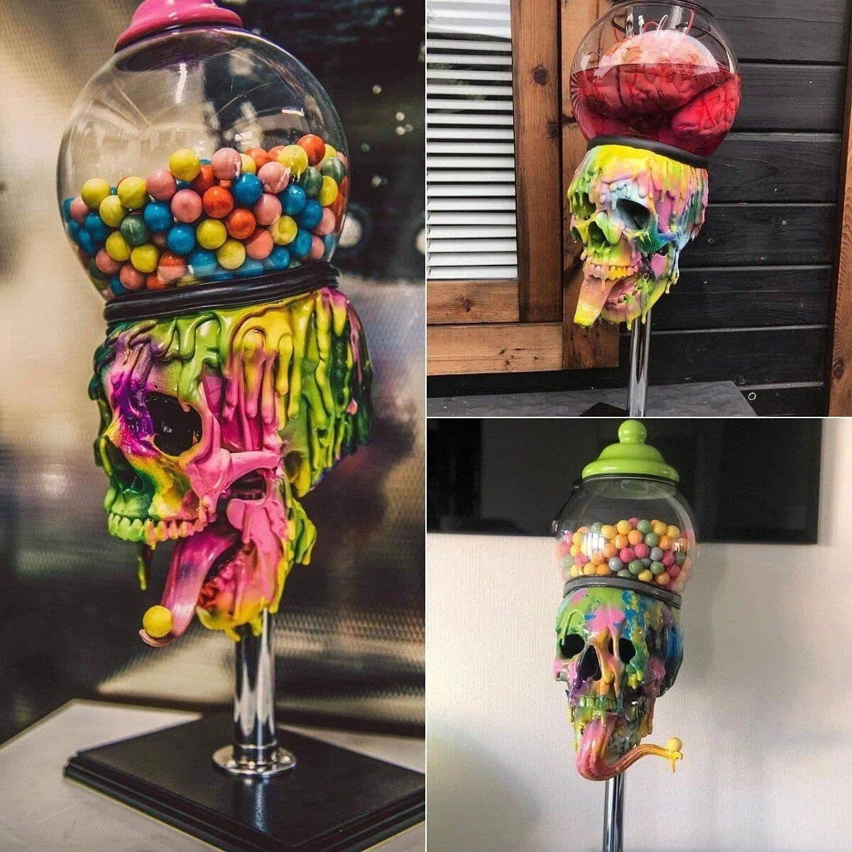 

Skull Bubblegum Machine Skeleton Statue Halloween Resin Craft Colorful Party Candy Jar Horror Table Ornaments Home Decoration