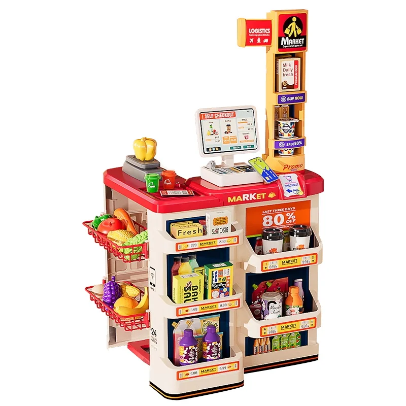 Pretend Play Calculator Cash Register Toys Supermarket Shop Cashier Registers with Scanner Credit Card Christmas Gifts for Kids 5
