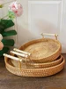 Round Handwoven Rattan Tray with Wooden Handle Handmade Rattan Food Plate Natural Simplicity Wear-resistant for Cake Snack Drink 4