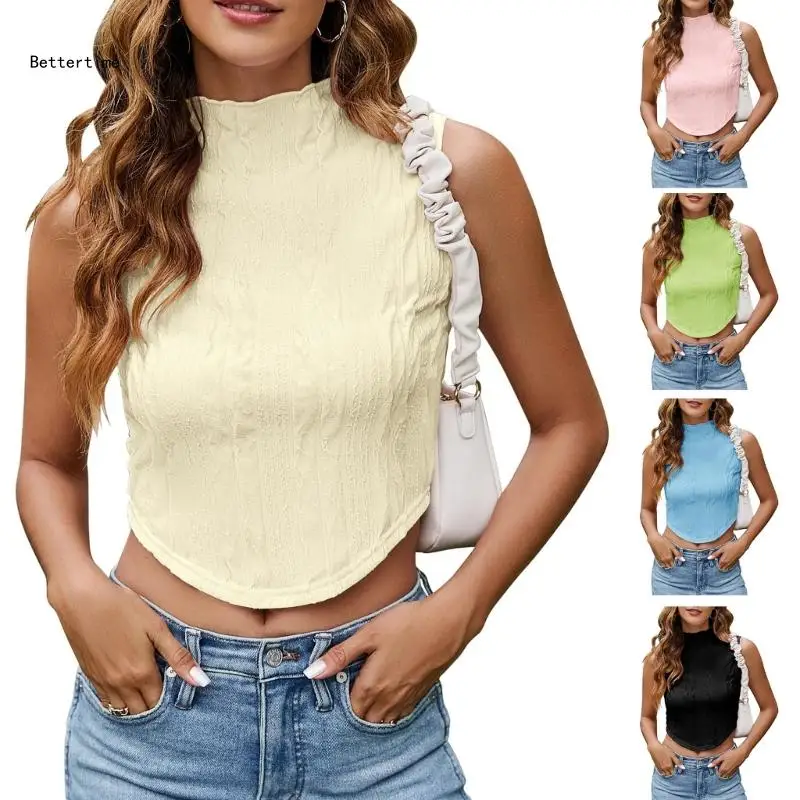 

B36D Summer Sleeveless Ruffle Mock Neck Ruched Textured Plain Crop Top for Women