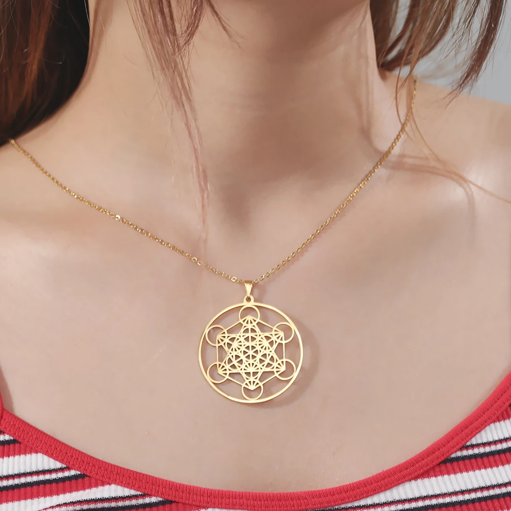 LIKGREAT Collar de doble capa de acero inoxidable, colgante de Geometría Sagrada, Arcángel, Cubo de Metatrón, amuleto, regalo de joyería
