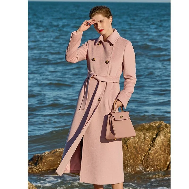 

2023 Autumn Winter New Women's High-end Mist Pink Temperament Long Sleeved Polo Neck Slim Covering Double Breasted Woolen Coat