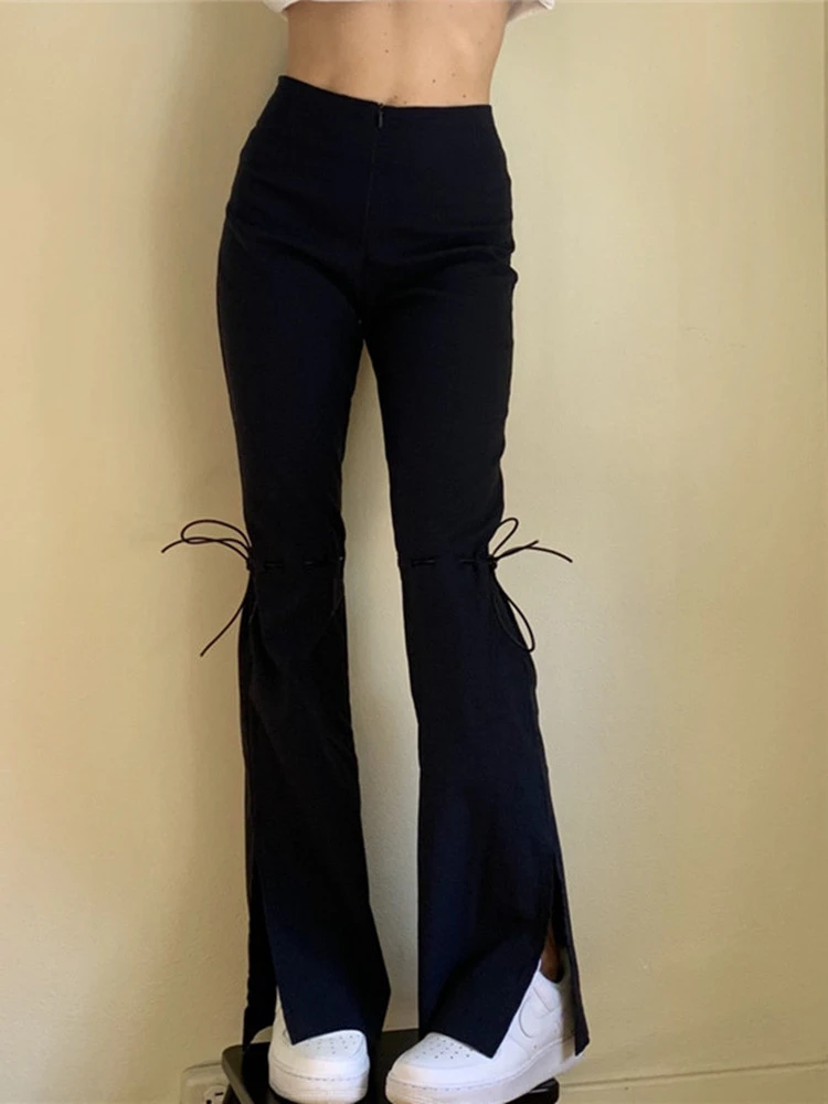 Effen Zwarte Broek Voor Vrouwen Kleding Hoge Taille Sexy Streetwear Tie Up  Mode Capri Broek Rits Split Lichte Flare Broek| | - AliExpress