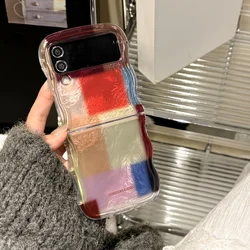 Retro Colorful Checkerboard Grid Pattern with Wave and Leopard Print Tin Foil Glitter Phone Case - ZFlip5 (Color Block)