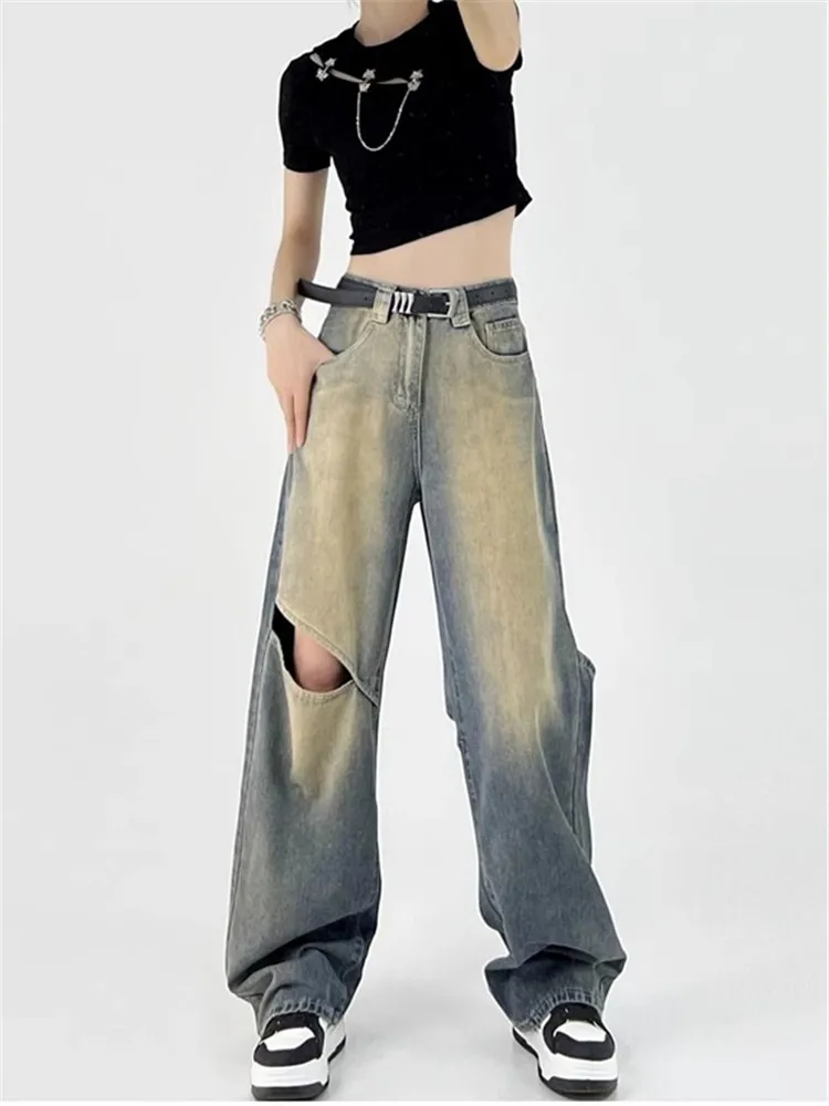 

Vintage Ripped Jeans Womens Spring Autumn Design Denim High Waist Wide Leg Pants Straight Leg Mop Floor Long Trousers Pantalones