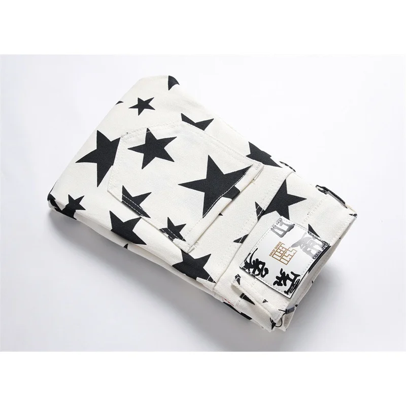 Five-Pointed Star Printed Jeans Men's Fashion High-End Men's Clothing Personality Slim Fit Stretch Skinny Casual White Trousers