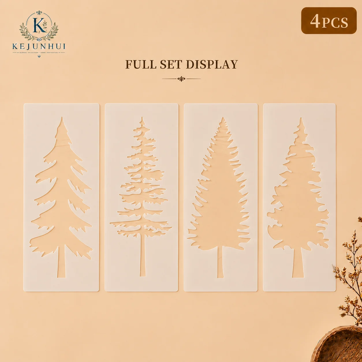 4Pcs 5x11.5in 소나무 스텐실 재사용 가능한 PET 스텐실 그림 그리기용 크리스마스 숲 공예 템플릿 벽 목재 직물 DIY 장식